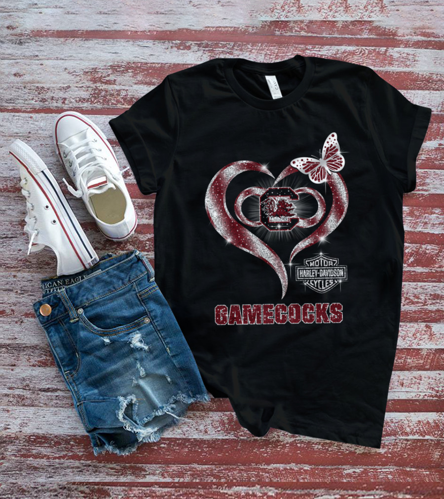 Harley Davidson Gamecocks Heart Butterfly Logo South Carolina T-Shirt