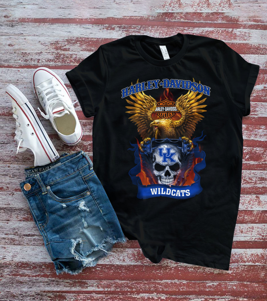 Harley Davidson Motor Cycles Kentucky Wildcats Skull Eagle Flames T-Shirt