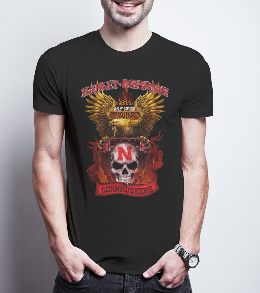 Harley Davidson Cornhuskers Nebraska Motorcycle Skull Eagle T-Shirt