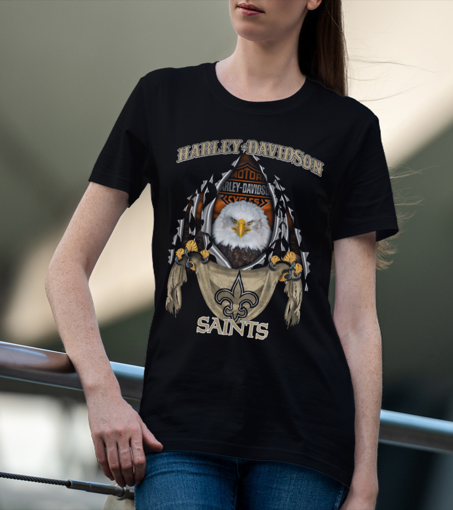 Harley Davidson Saints Fleur-De-Lis With Eagle And Motorcycle T-Shirt