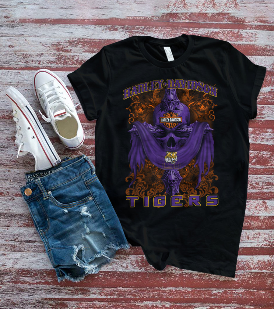 Harley Davidson Lsu Tigers Motorcycle Cycles Skull T-Shirt
