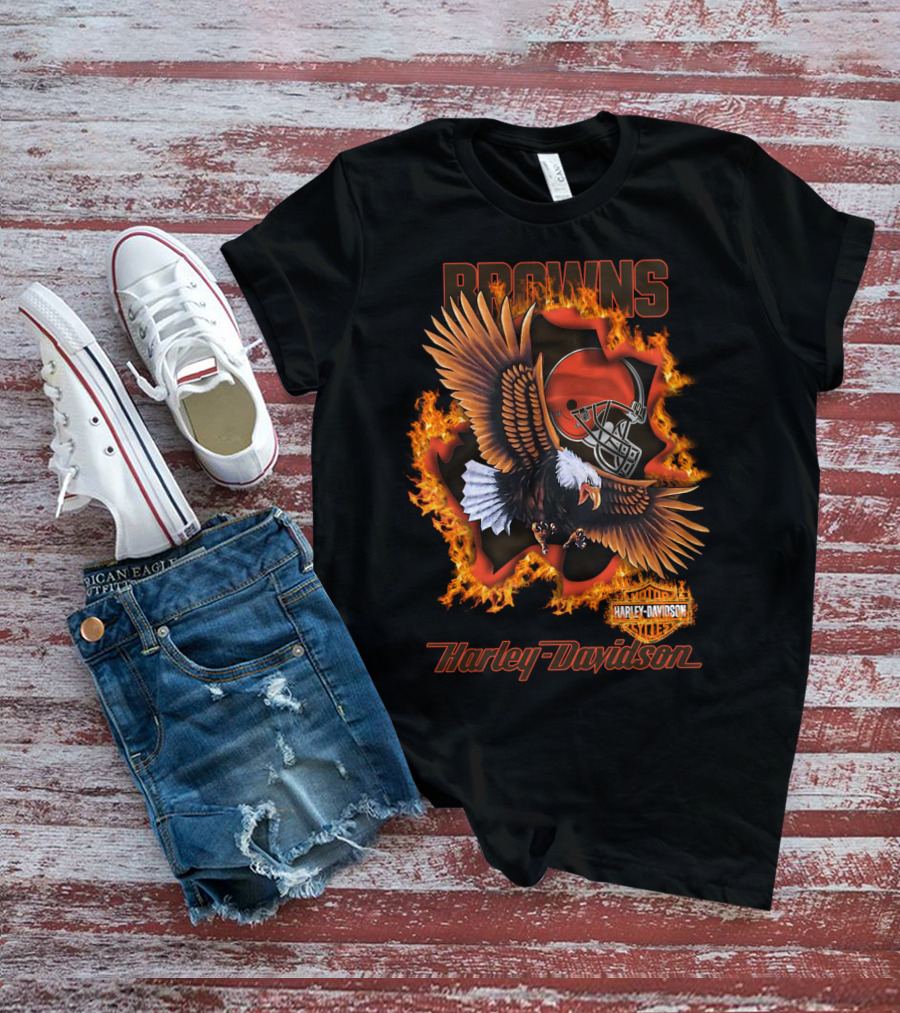 Browns Harley Davidson Nfl 84 Cleveland Browns Eagle Helmet Flames T-Shirt