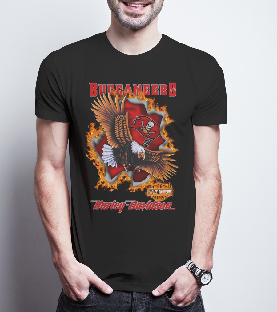 Harley Davidson Buccaneers Tampa Bay Nfl Eagle Logo Fire T-Shirt