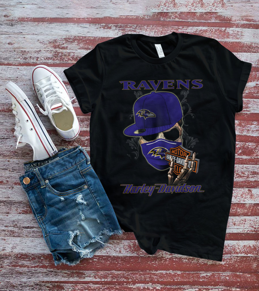 Ravens Harley Davidson Nfl Baltimore Skeleton Mask And Cap T-Shirt