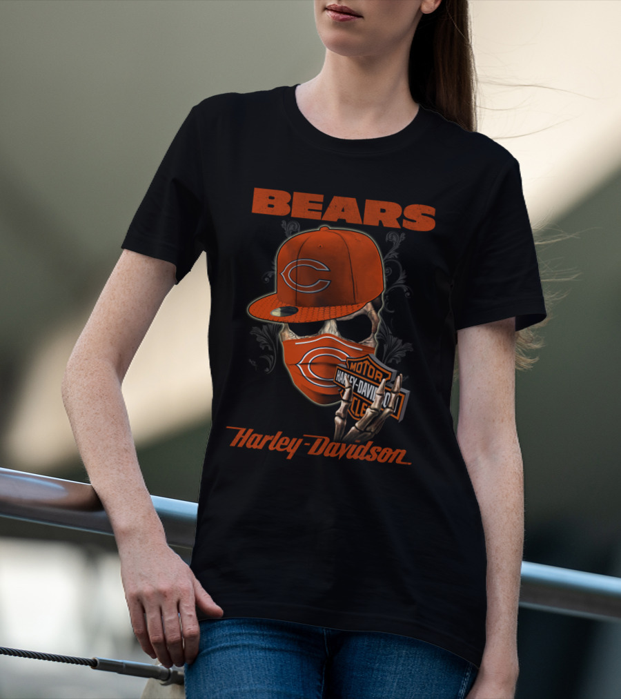 Bears Harley Davidson Skull Motif With Chicago Cap T-Shirt