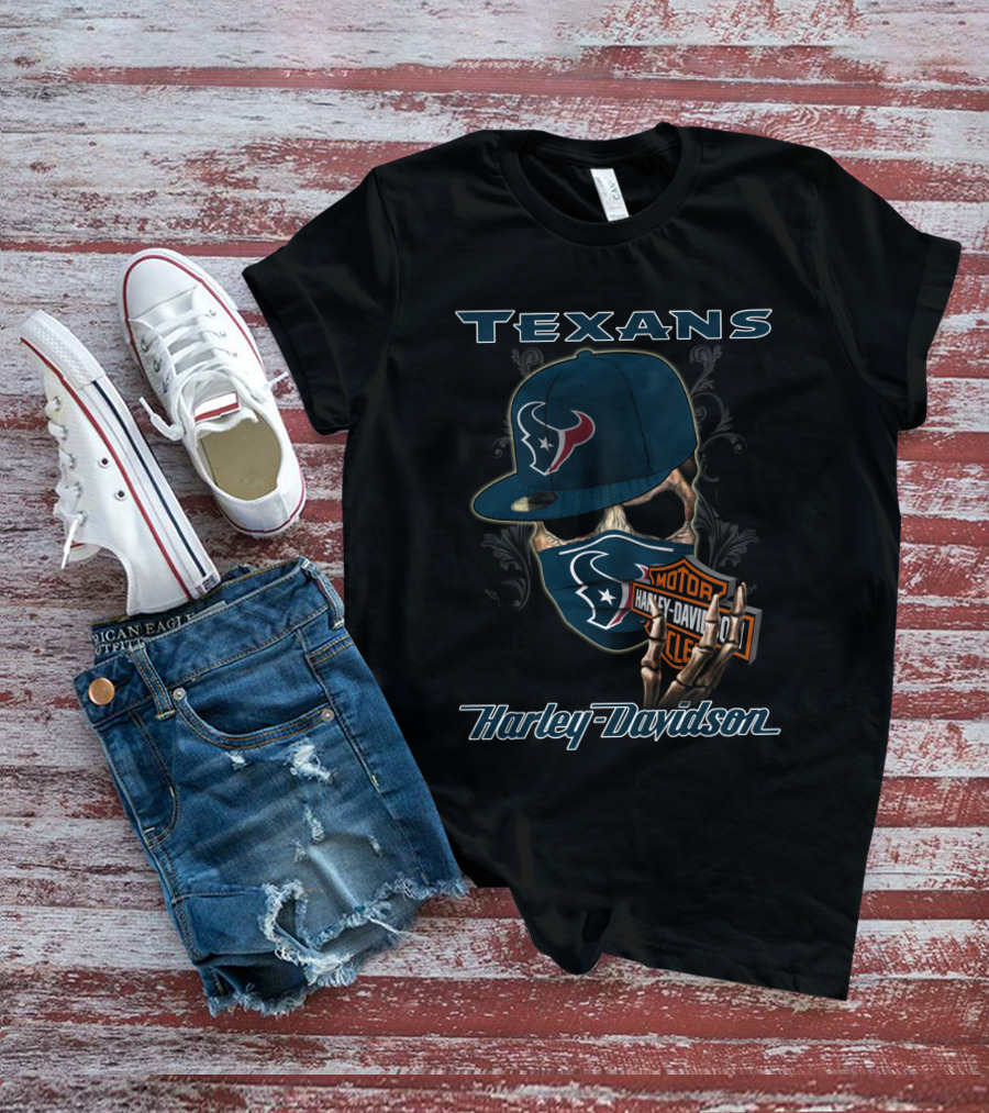 Texans Harley Davidson Skull With Cap And Bandana Nfl Houston Texans T-Shirt