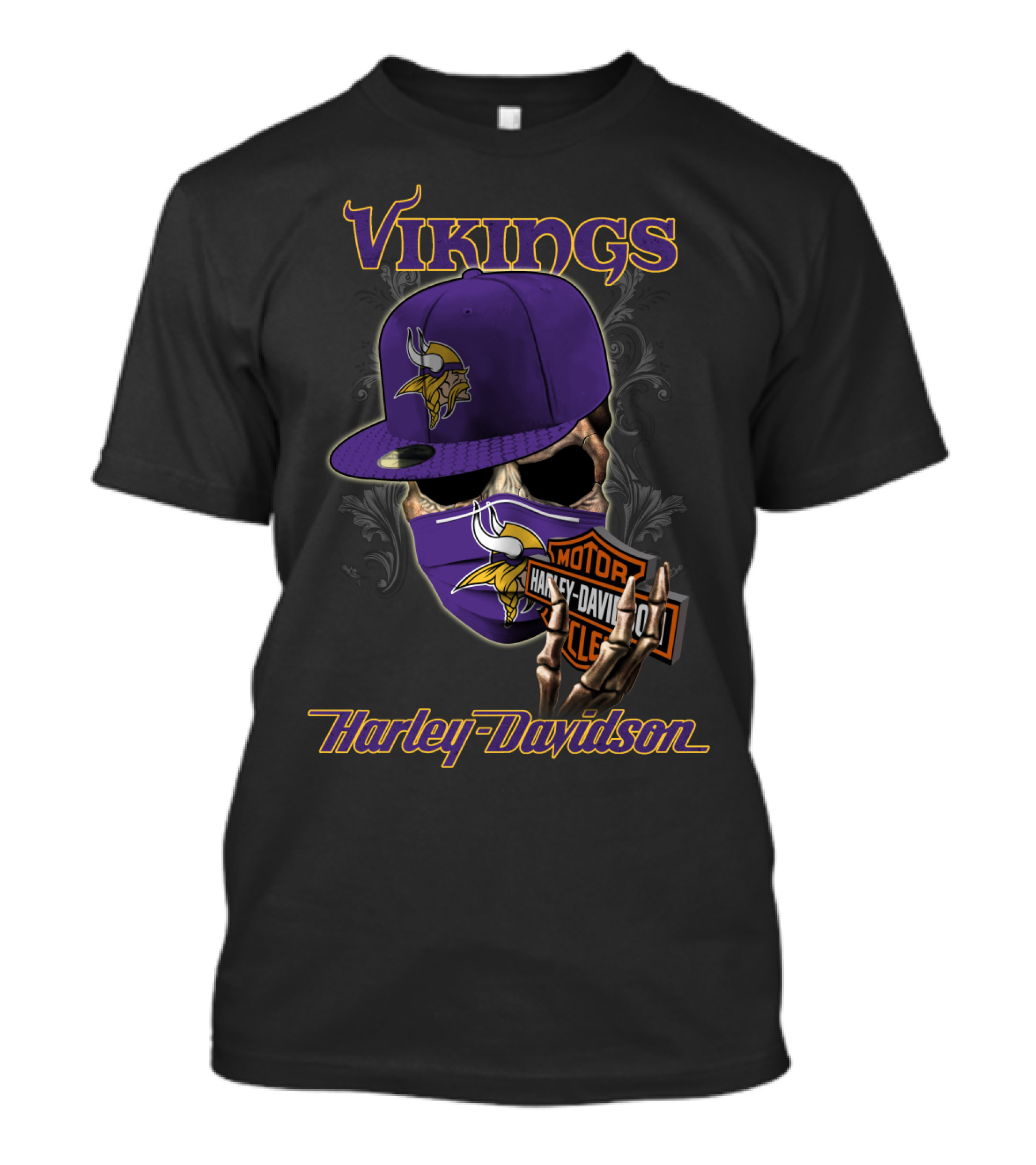 Vikings Harley Davidson Skeleton Wearing Nfl Minnesota Vikings Hat And Mask T-Shirt
