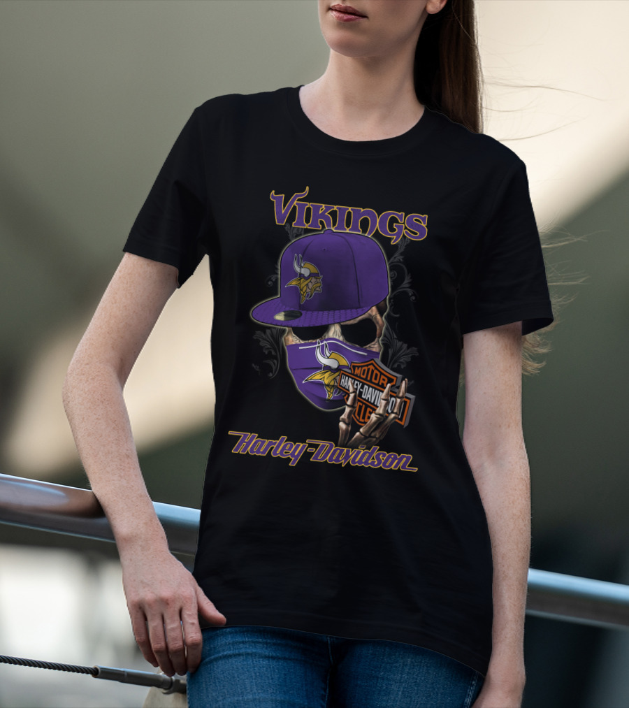 Vikings Harley Davidson Skeleton Wearing Nfl Minnesota Vikings Hat And Mask T-Shirt
