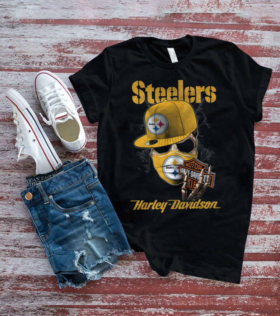 Steelers Harley Davidson Skull With Cap And Motorcycle T-Shirt
