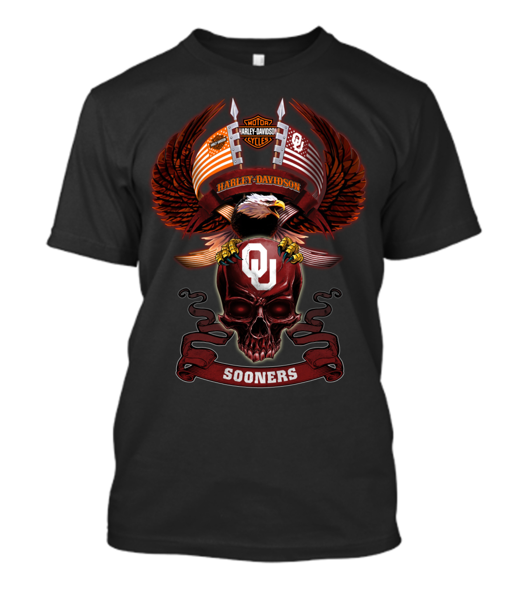 Harley Davidson Motor Cycles Oklahoma Sooners Ou Bald Eagle American Flag Skulls T-Shirt