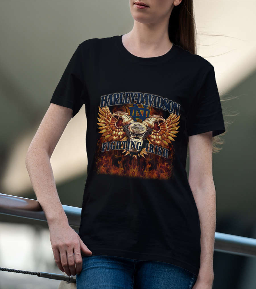 Harley Davidson Notre Dame Fighting Irish Motorcycles Flames Winged Skulls T-Shirt