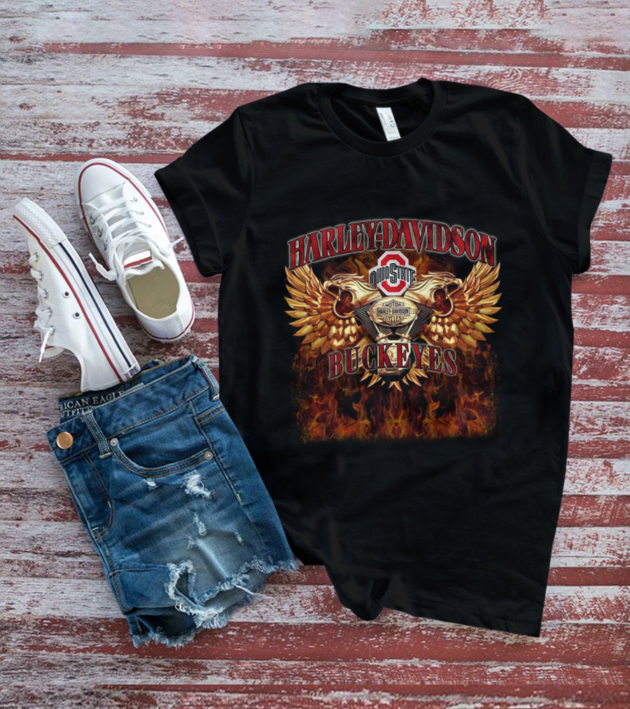 Harley Davidson Ohio State Buckeyes Ncaa612 Flaming Wings T-Shirt