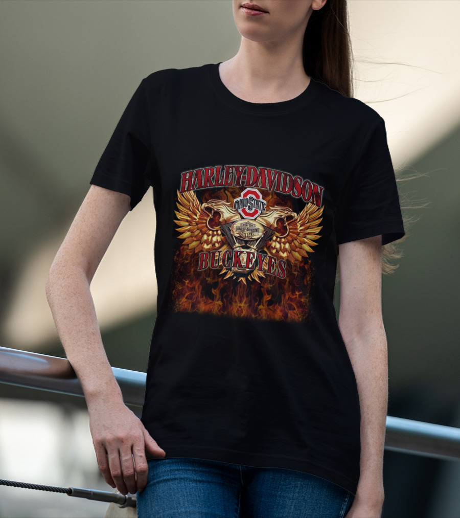 Harley Davidson Ohio State Buckeyes Ncaa612 Flaming Wings T-Shirt