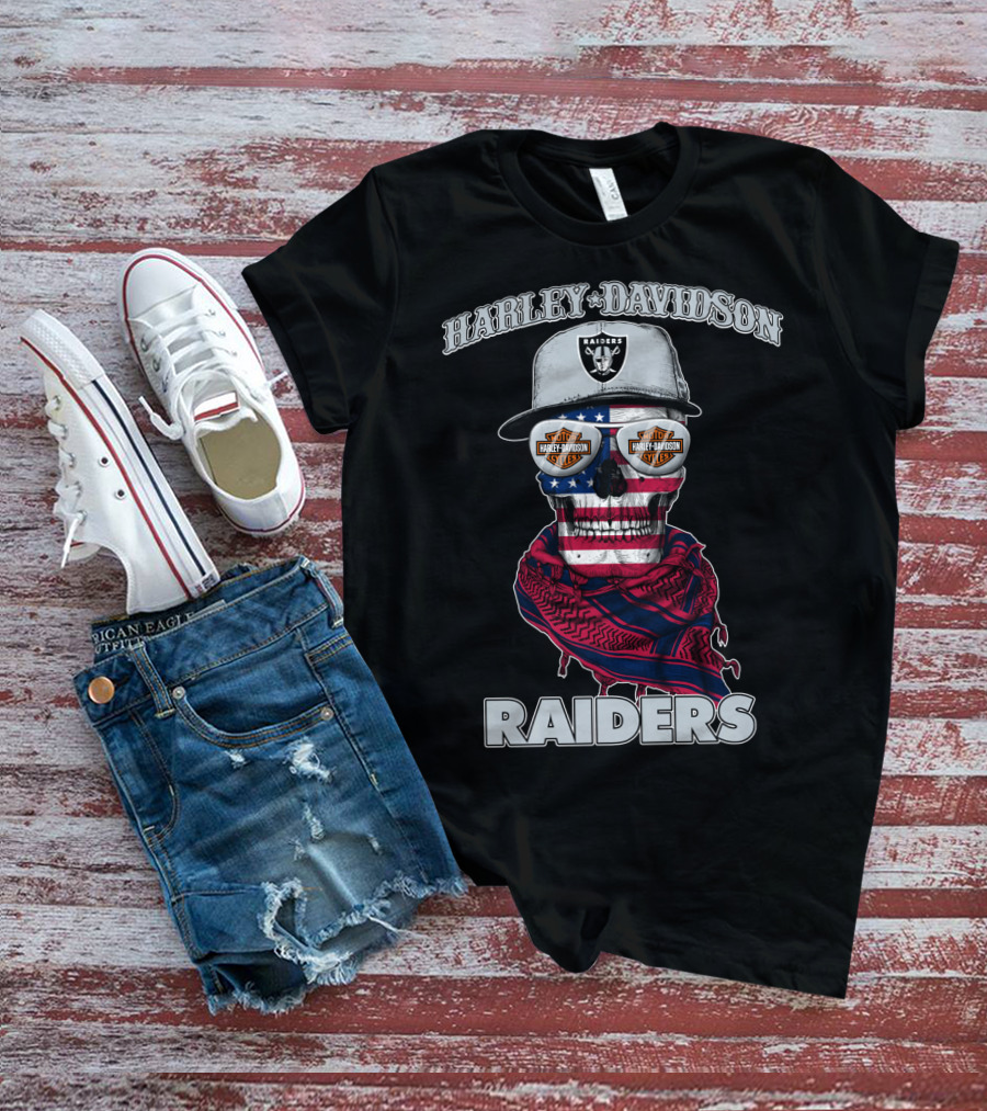 Harley Davidson Raiders Skull American Flag Bandana Nfl X Las Vegas Raiders T-Shirt
