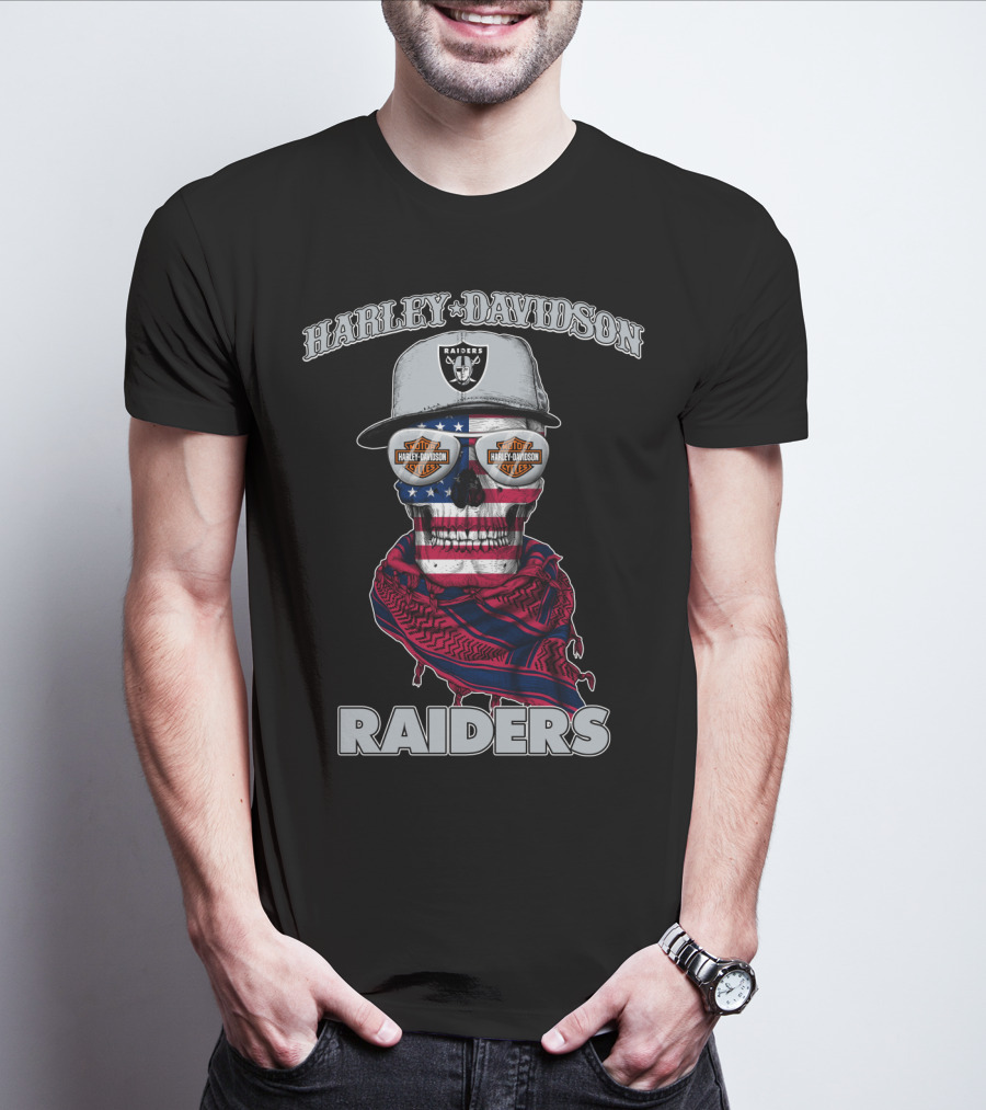 Harley Davidson Raiders Skull American Flag Bandana Nfl X Las Vegas Raiders T-Shirt