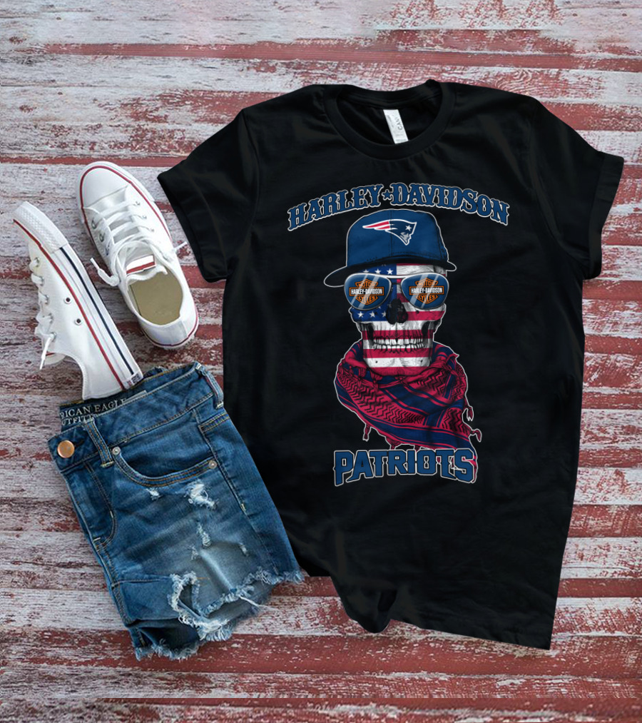 Harley Davidson New England Patriots Usa Flag Skull With Sunglasses T-Shirt