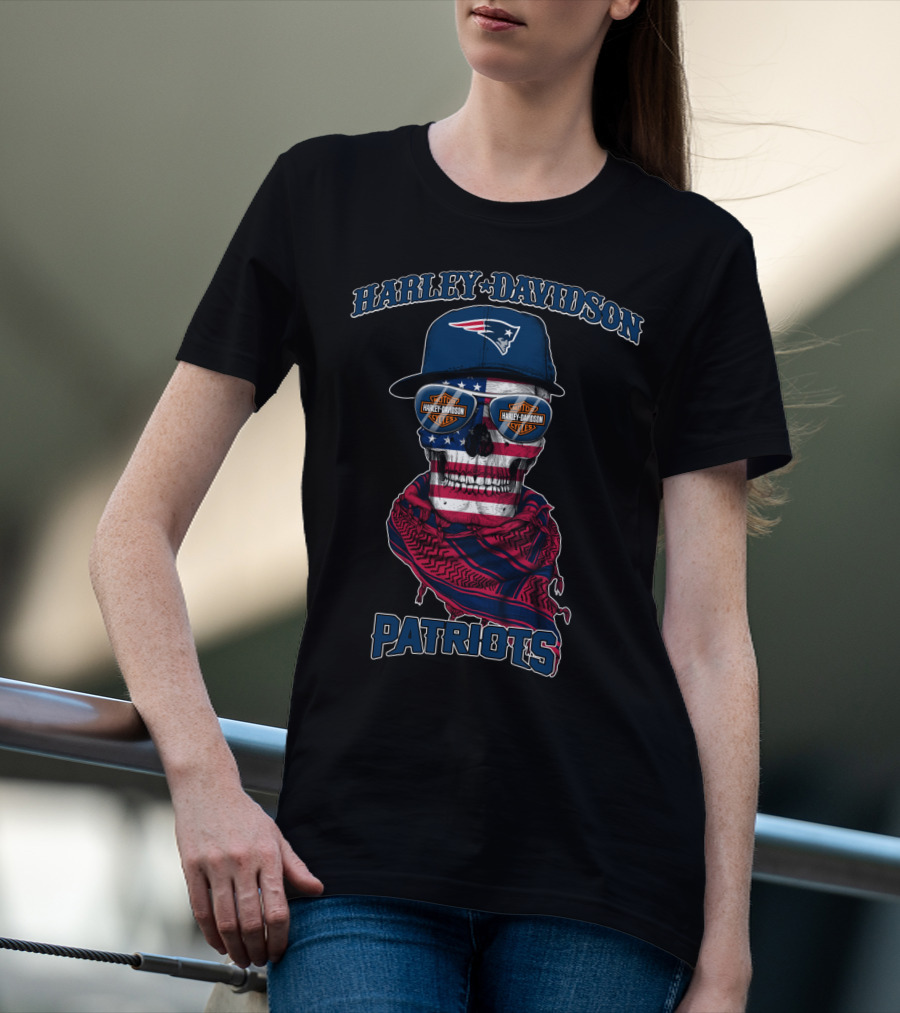 Harley Davidson New England Patriots Usa Flag Skull With Sunglasses T-Shirt
