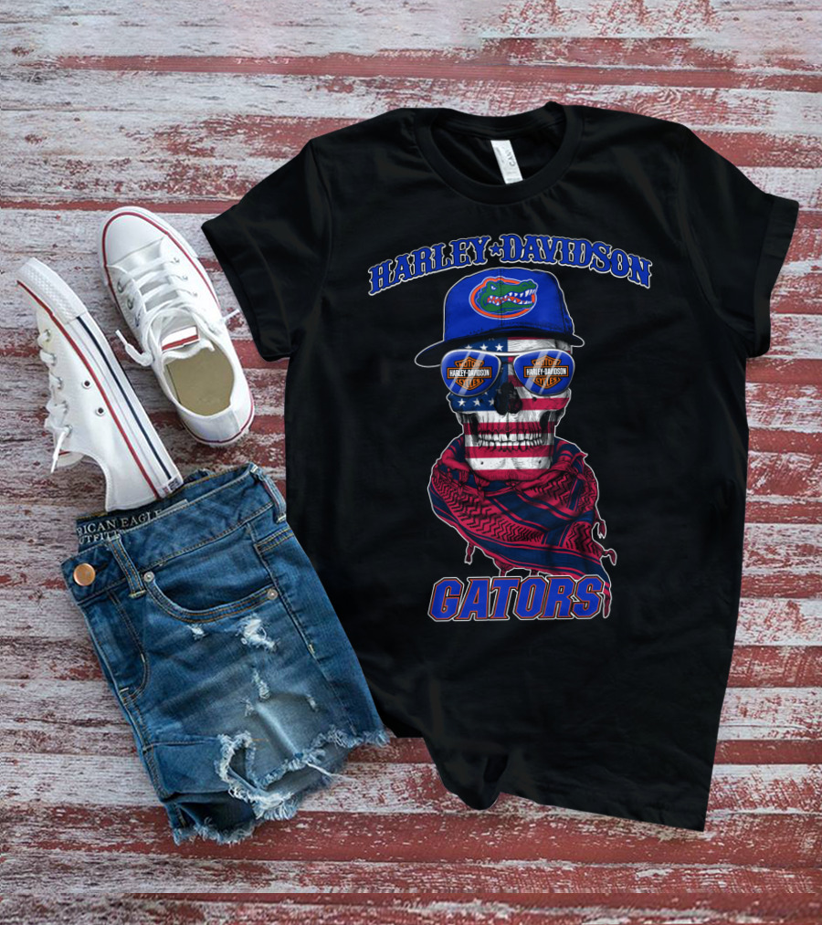Harley Davidson Gators Florida American Flag Skull T-Shirt