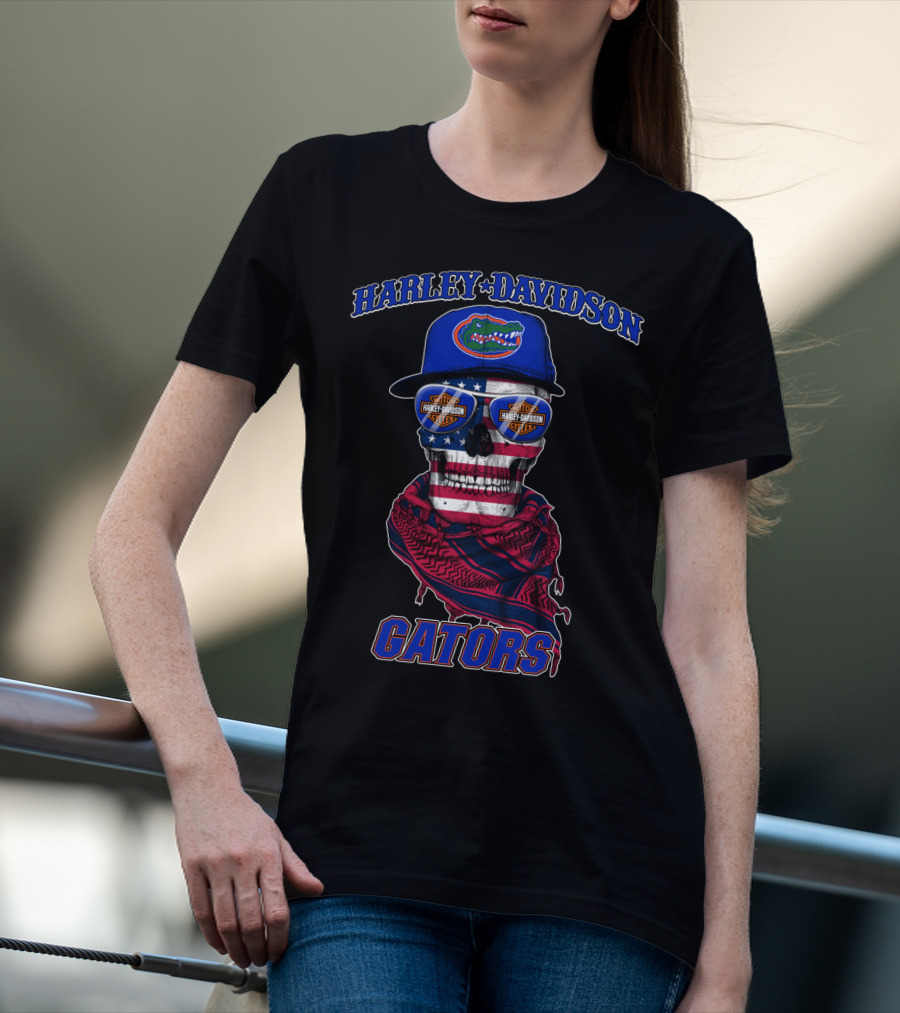 Harley Davidson Gators Florida American Flag Skull T-Shirt