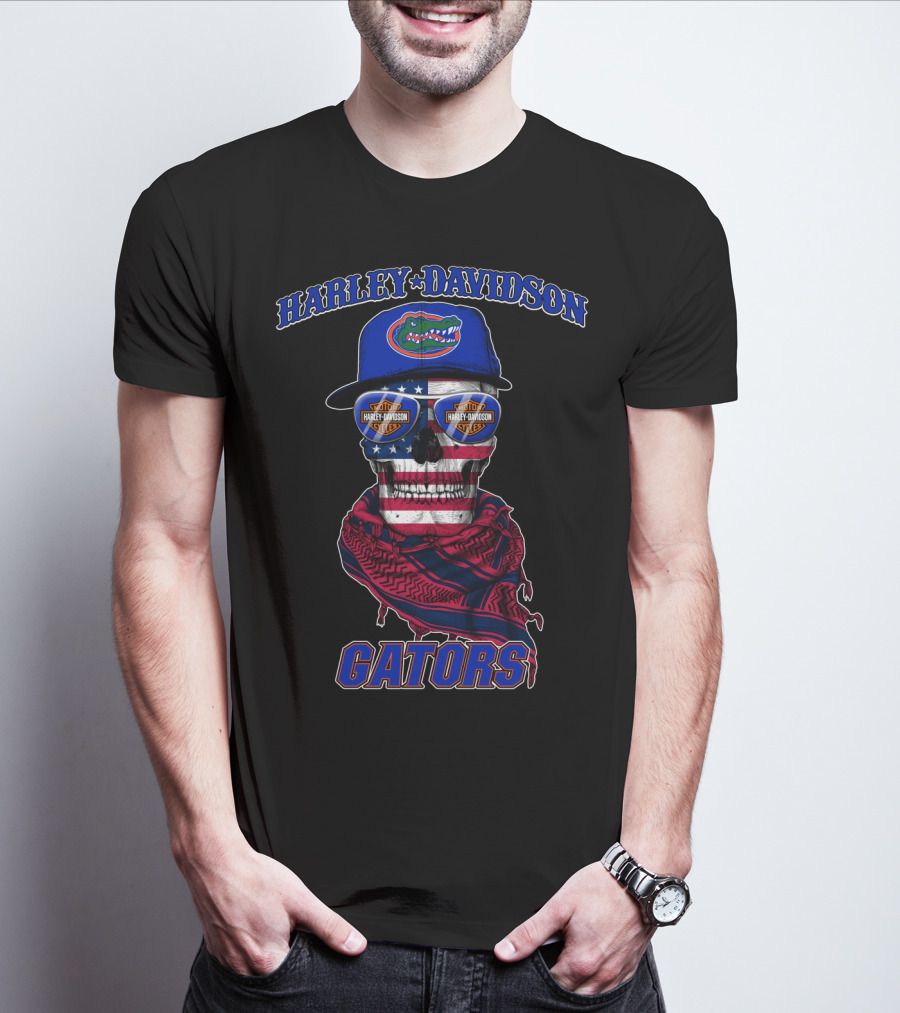 Harley Davidson Gators Florida American Flag Skull T-Shirt