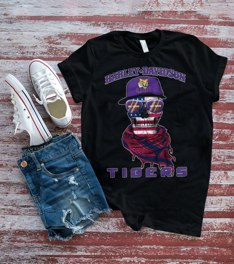 Harley Davidson Lsu Tigers Skull With American Flag And Cap T-Shirt