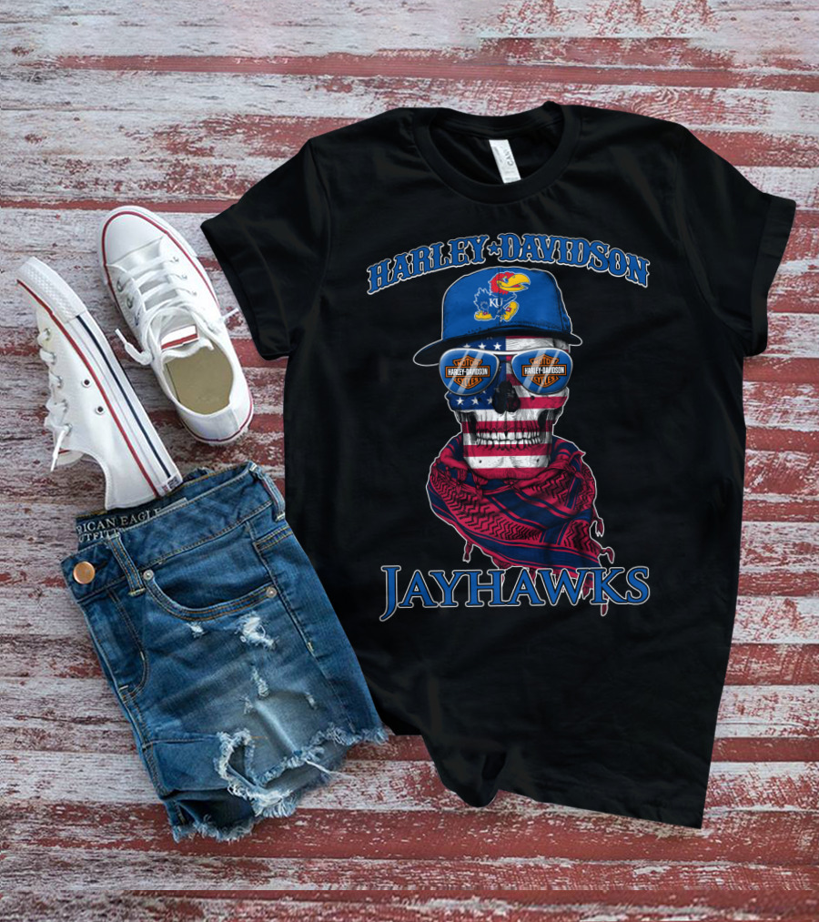 Harley Davidson Kansas Jayhawks Skull With Usa Flag Bandana And Logo Sunglasses T-Shirt