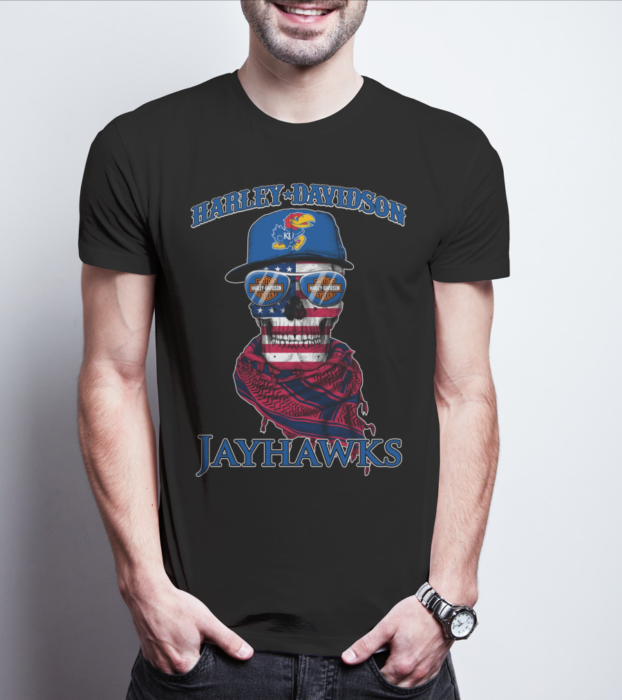 Harley Davidson Kansas Jayhawks Skull With Usa Flag Bandana And Logo Sunglasses T-Shirt