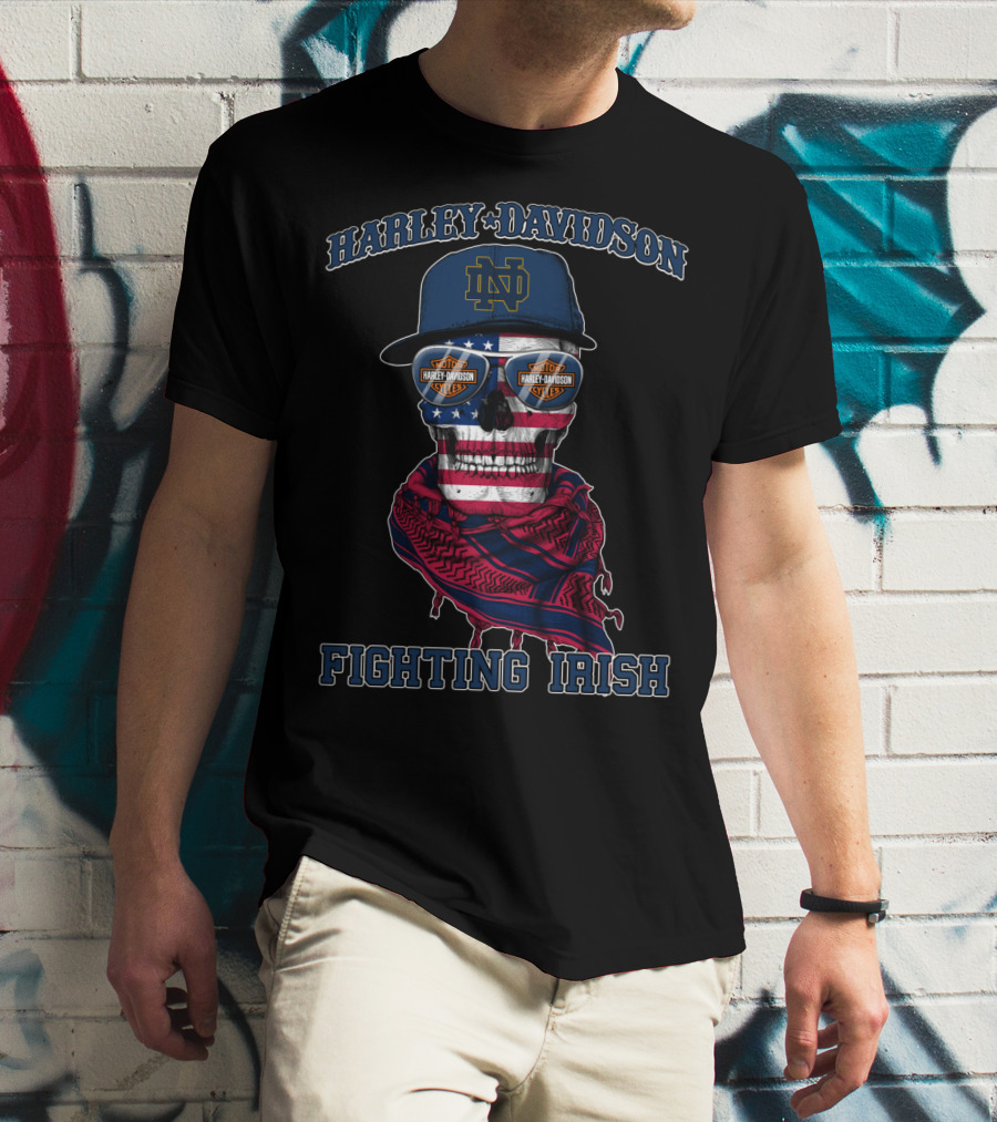 Harley Davidson Notre Dame Fighting Irish Skull With American Flag And Bandana T-Shirt