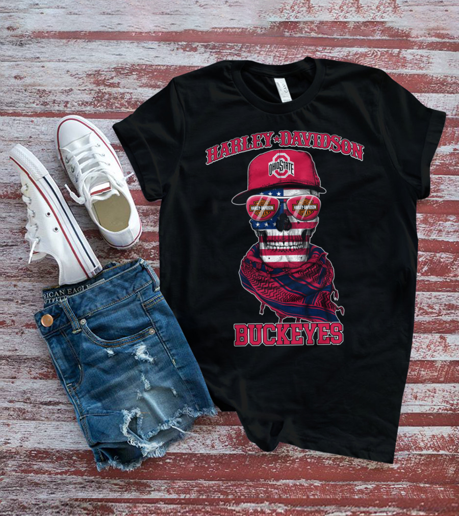 Harley Davidson Ohio State Buckeyes Usa Flag Skull T-Shirt