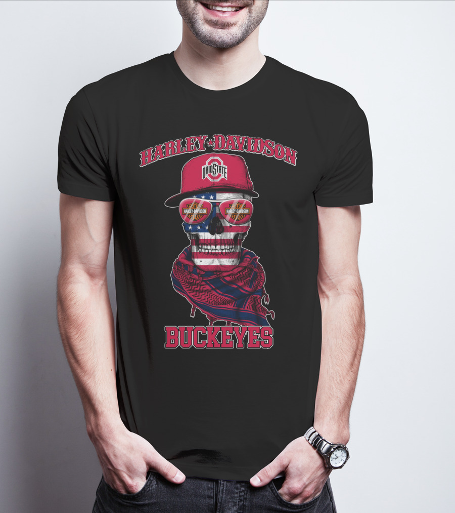Harley Davidson Ohio State Buckeyes Usa Flag Skull T-Shirt