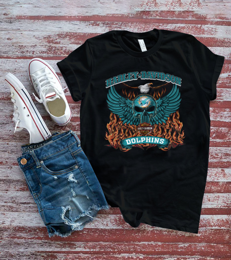 Harley Davidson Dolphins Miami Nfl Motor Cycles Logo Flames Wings Skull T-Shirt