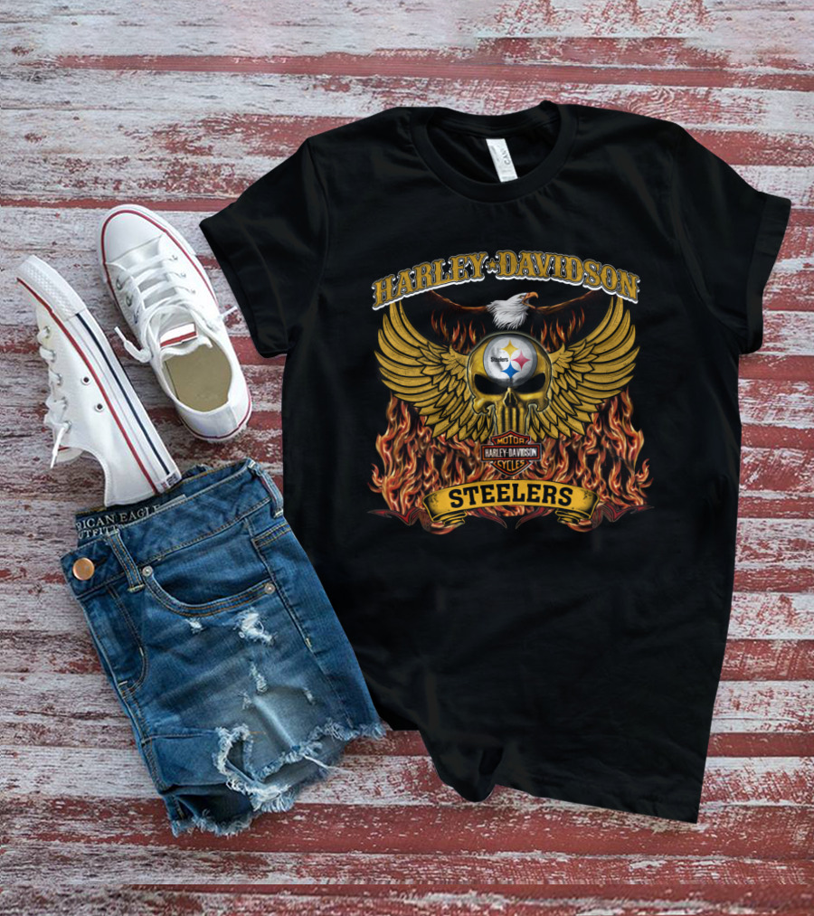 Harley Davidson Pittsburgh Steelers Winged Skull Flames T-Shirt