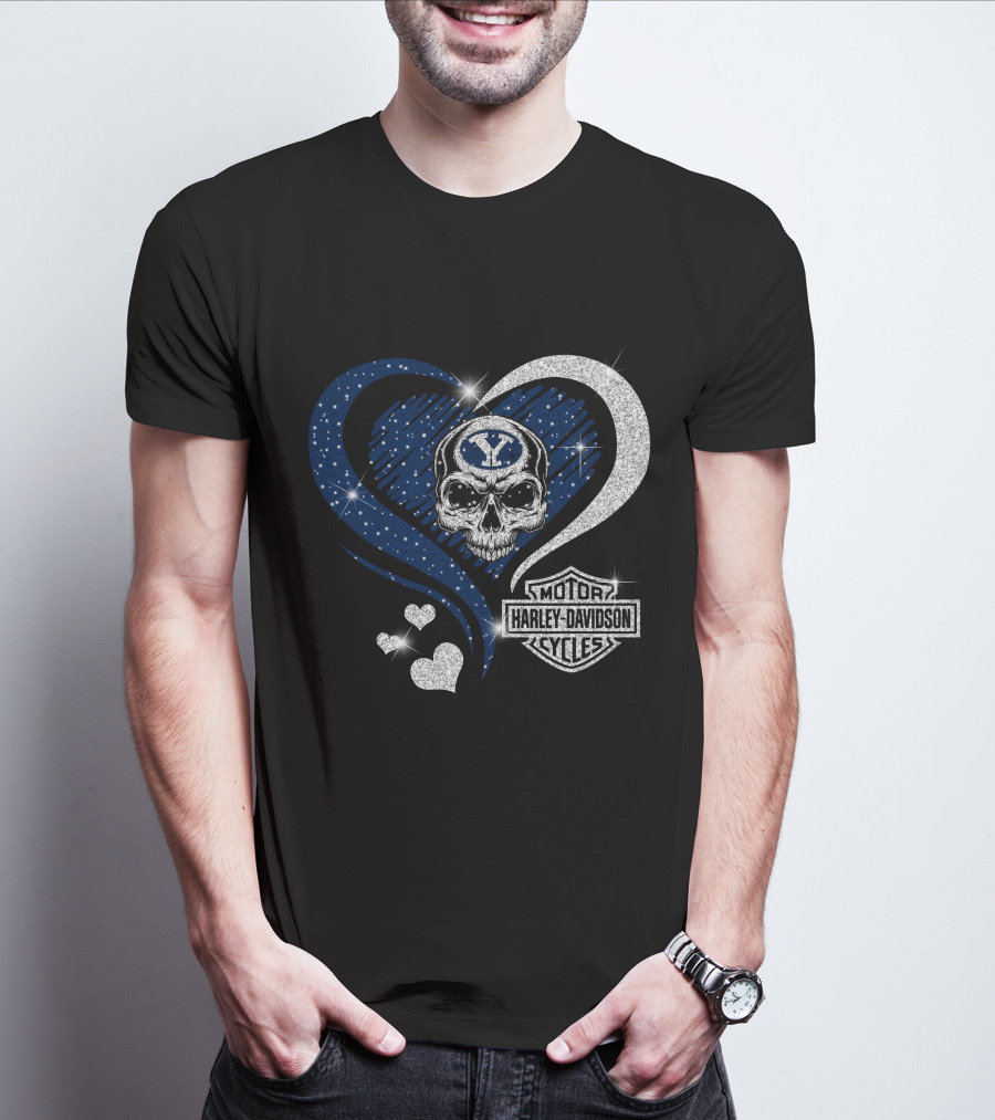Ncaa Byu Cougars Skull Heart Harley Davidson Motor Cycles T-Shirt