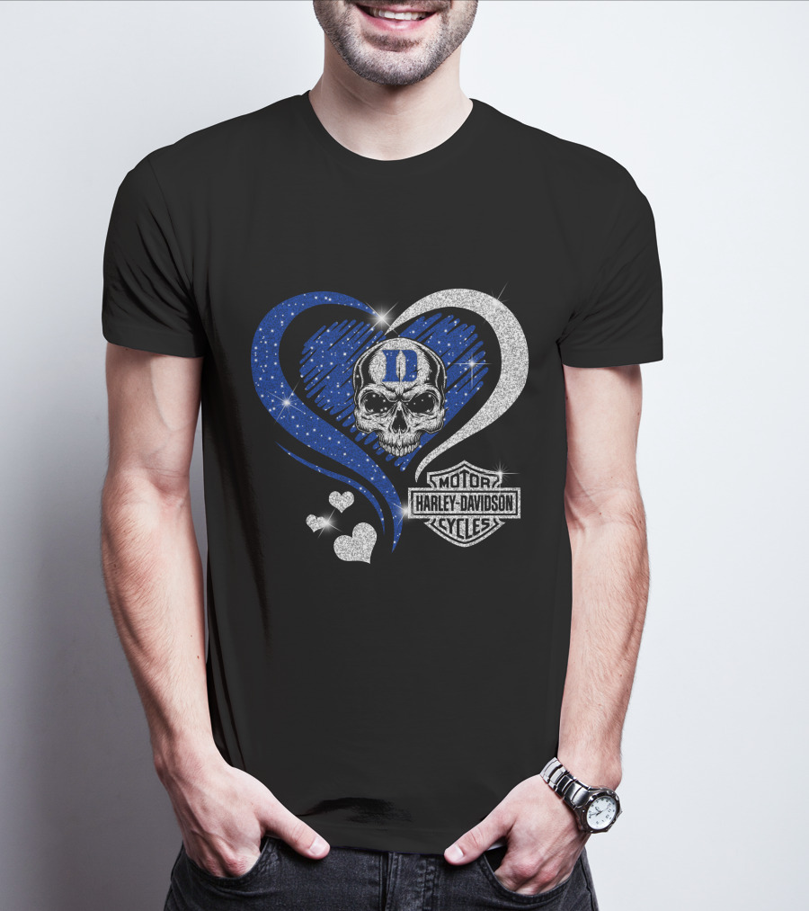Duke Blue Devils Skull Heart Harley Davidson Motor Cycles Sparkle T-Shirt