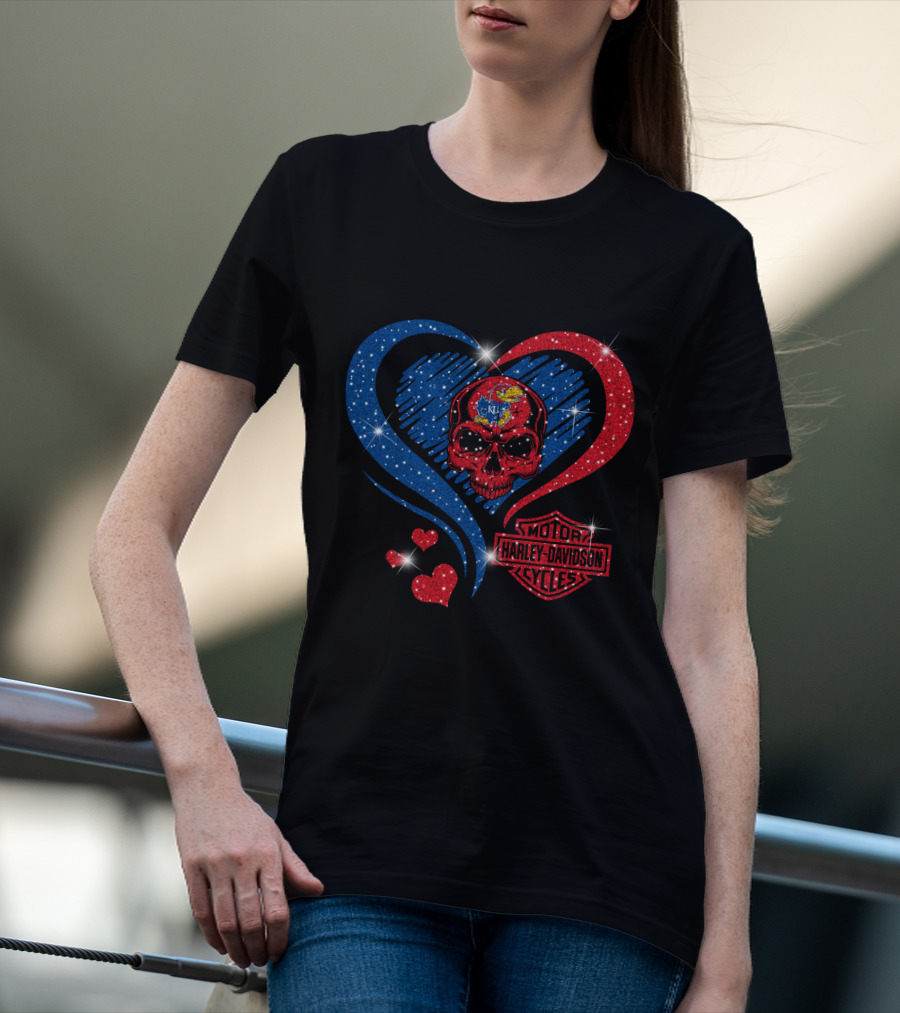 Kansas Jayhawks Harley Davidson Heart Skull T-Shirt