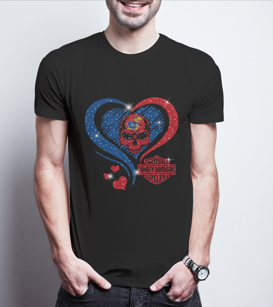 Kansas Jayhawks Harley Davidson Heart Skull T-Shirt