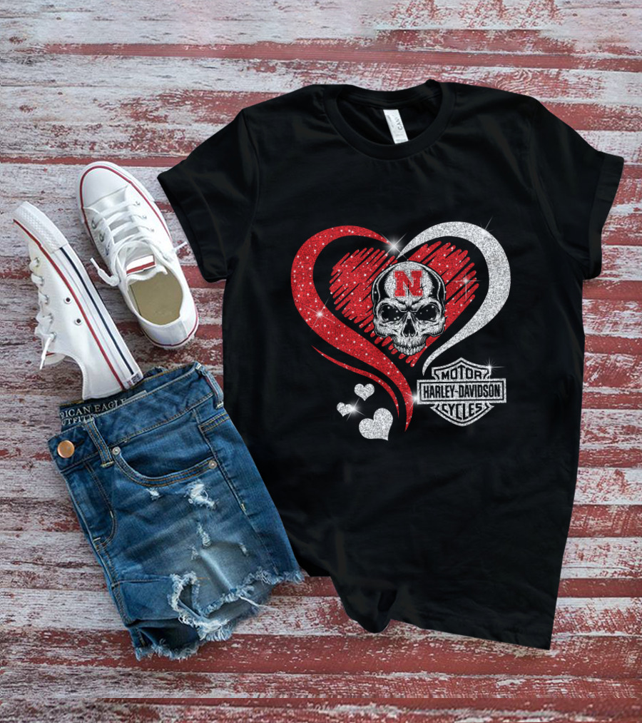 Nebraska Cornhuskers Harley Davidson Skull Heart T-Shirt