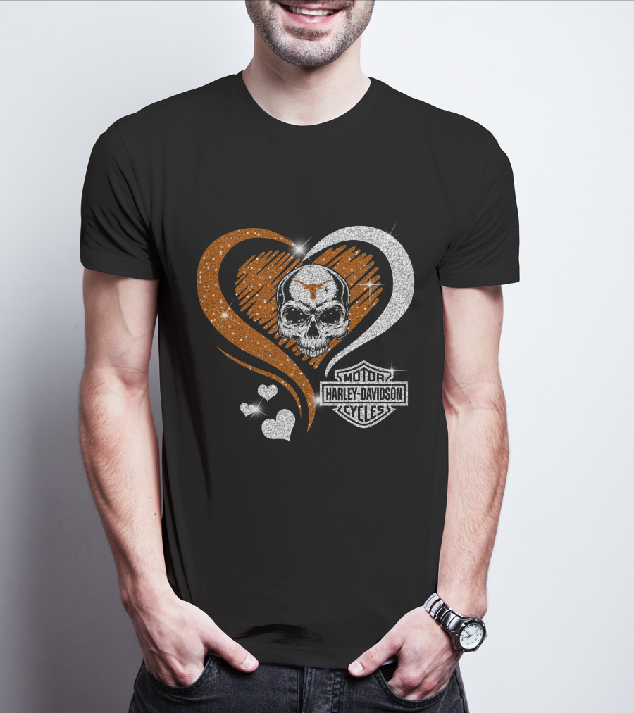 Ncaa Texas Longhorns Harley Davidson Skull Heart T-Shirt