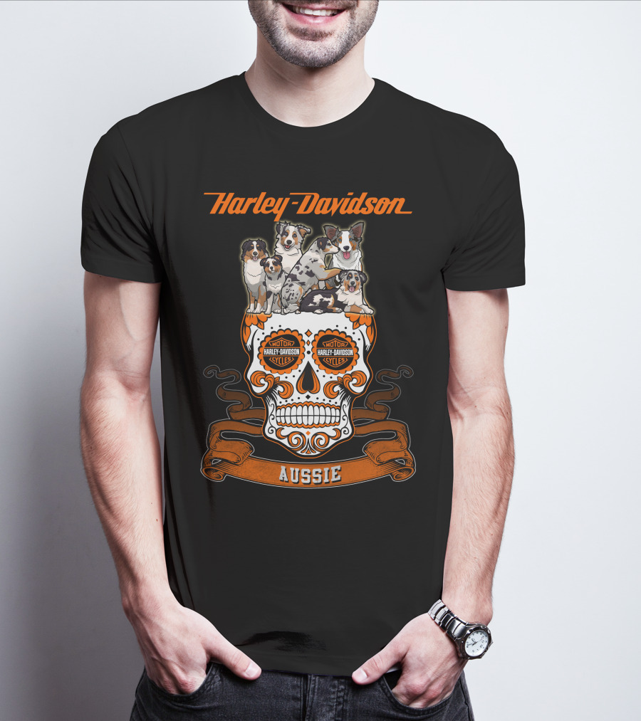 Harley Davidson Aussie Dogs Sugar Skull Art T-Shirt