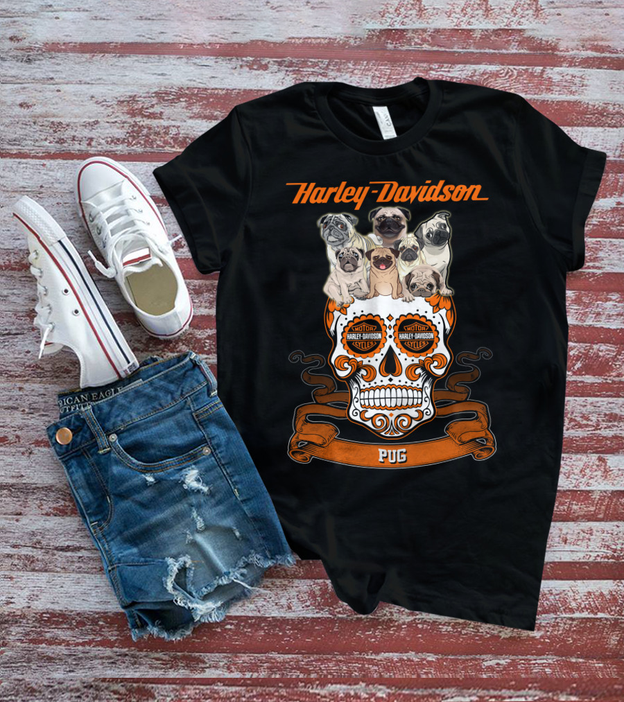 Harley Davidson Pug Skull Motif With Pugs T-Shirt