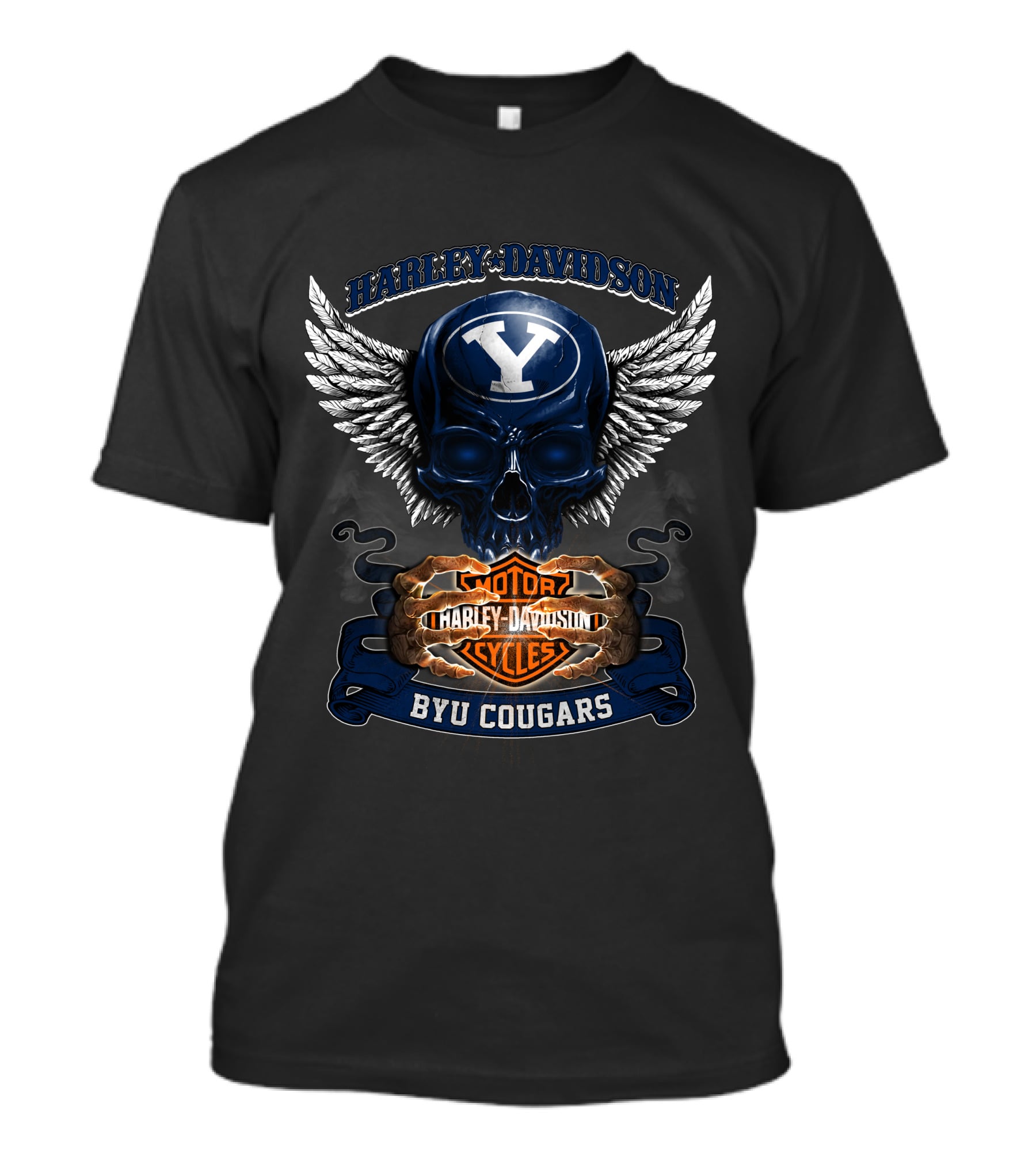 Harley Davidson Byu Cougars Y Skull Wings Motor Cycles T-Shirt