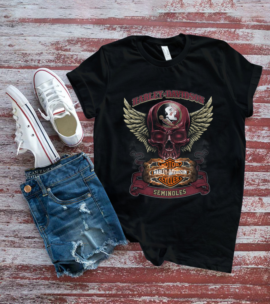 Harley Davidson Seminoles Skull With Florida State Motor Cycles Wings T-Shirt