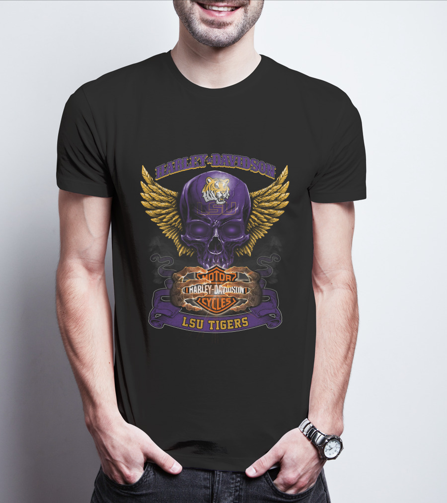Harley Davidson Lsu Tigers Motorcycles Skull Wings T-Shirt