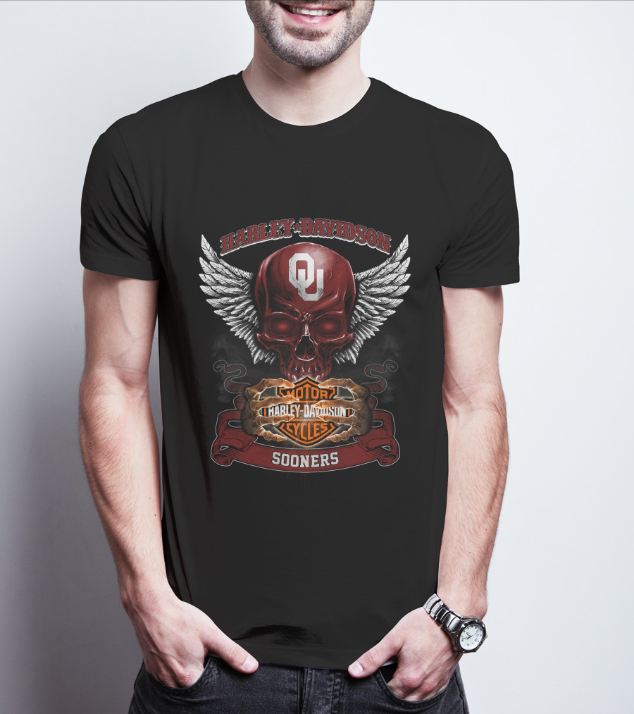 Harley Davidson Oklahoma Sooners Ou Winged Skull Motorcycles T-Shirt