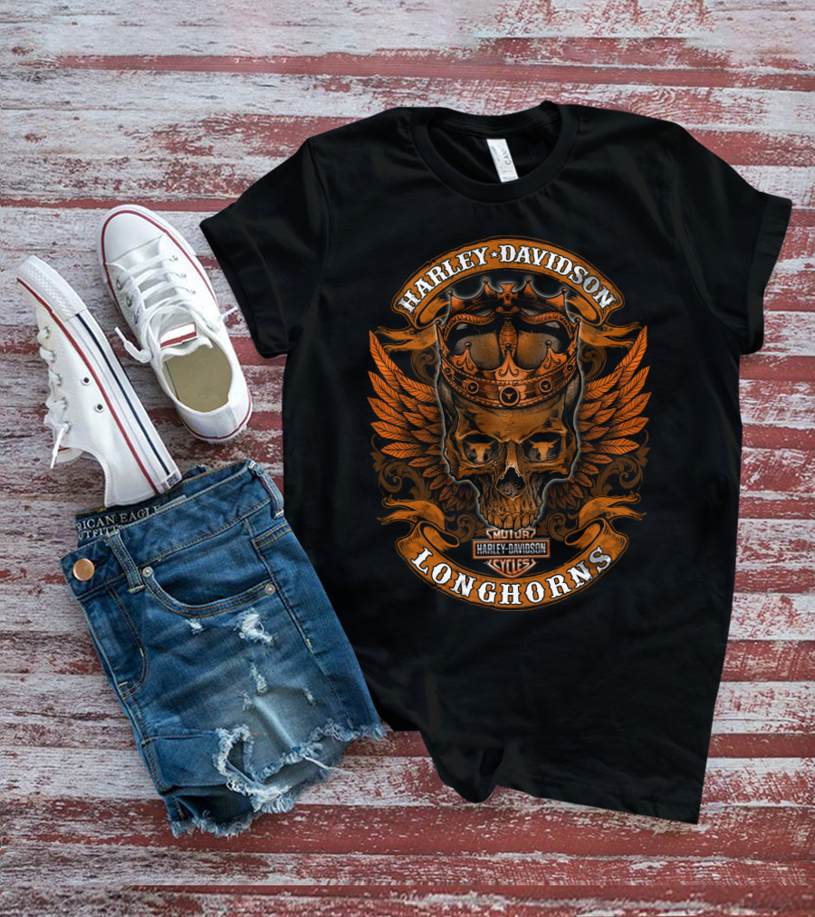 Harley Davidson Longhorns Skull Crown Wings T-Shirt