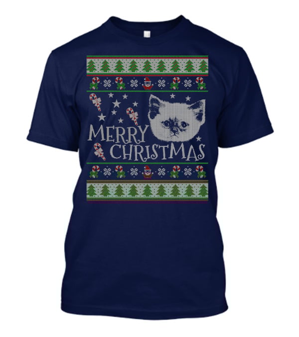 Merry Christmas Cute Persian Kitten Candy Canes Snowflakes Trees T-Shirt