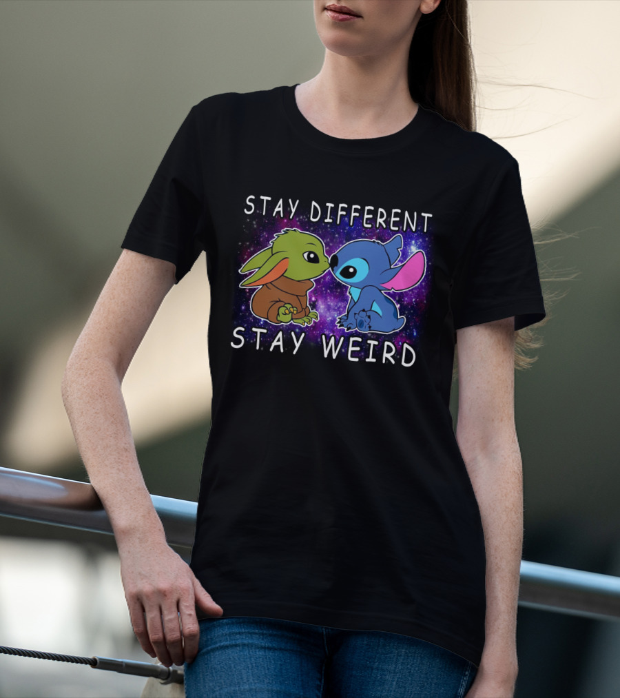 Stay Different Stay Weird Baby Yoda And Stitch Space Background T-Shirt