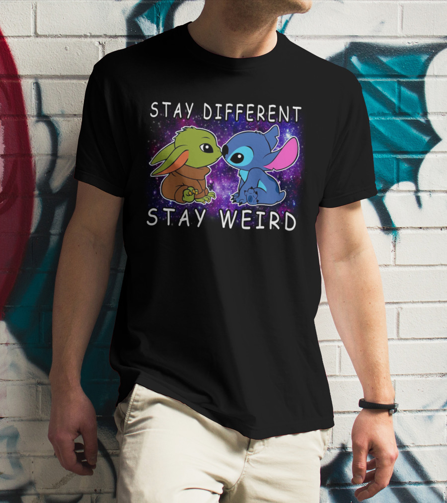 Stay Different Stay Weird Baby Yoda And Stitch Space Background T-Shirt
