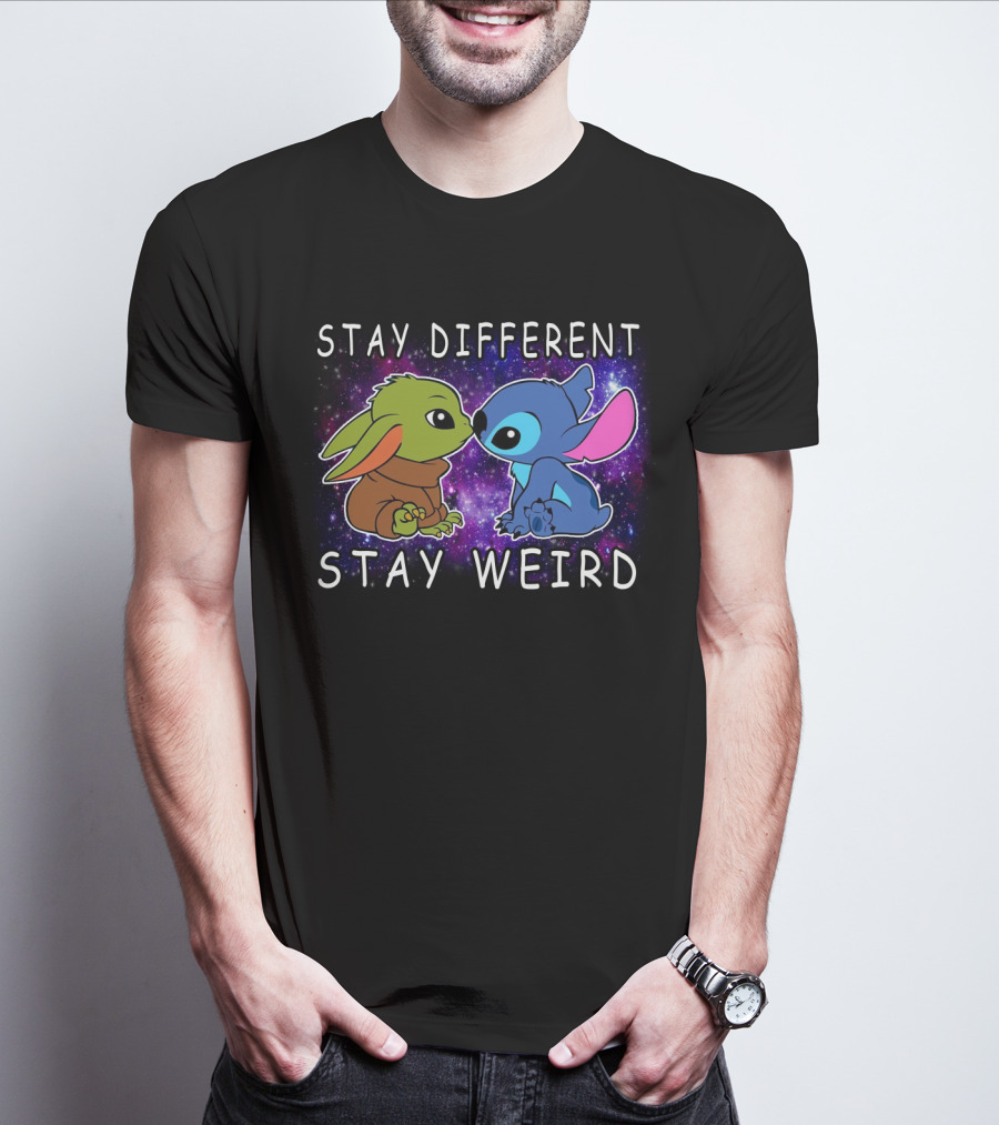 Stay Different Stay Weird Baby Yoda And Stitch Space Background T-Shirt