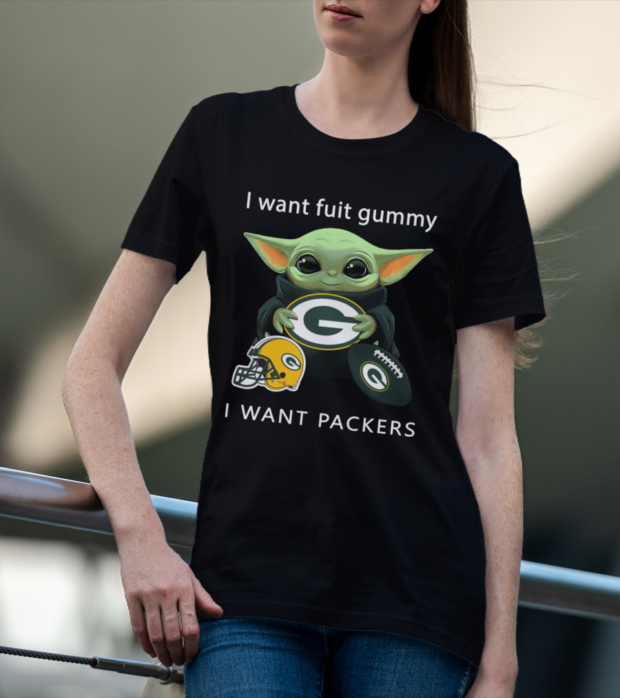 I Want Fruit Gummy I Want Packers Green Bay Packers Baby Yoda Helmet Football T-Shirt
